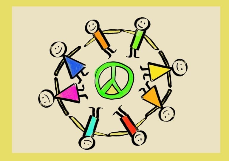 Grafik mit vielfaltigen Kinder im Kreis mit Friedenssymbol zur Förderung der Gemeinschaft, Frieden und Demokratie an der Servatiusschule